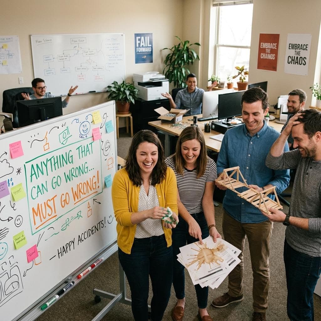 AI generated: Anything that can go wrong must go wrong. happy accidents. office. optimistic