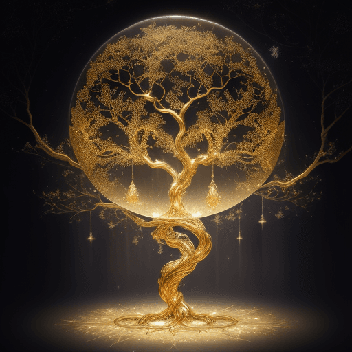 AI generated: (A shimmering cosmic Tree of Life, its golden branches reaching towards the heavens, enclosed within...