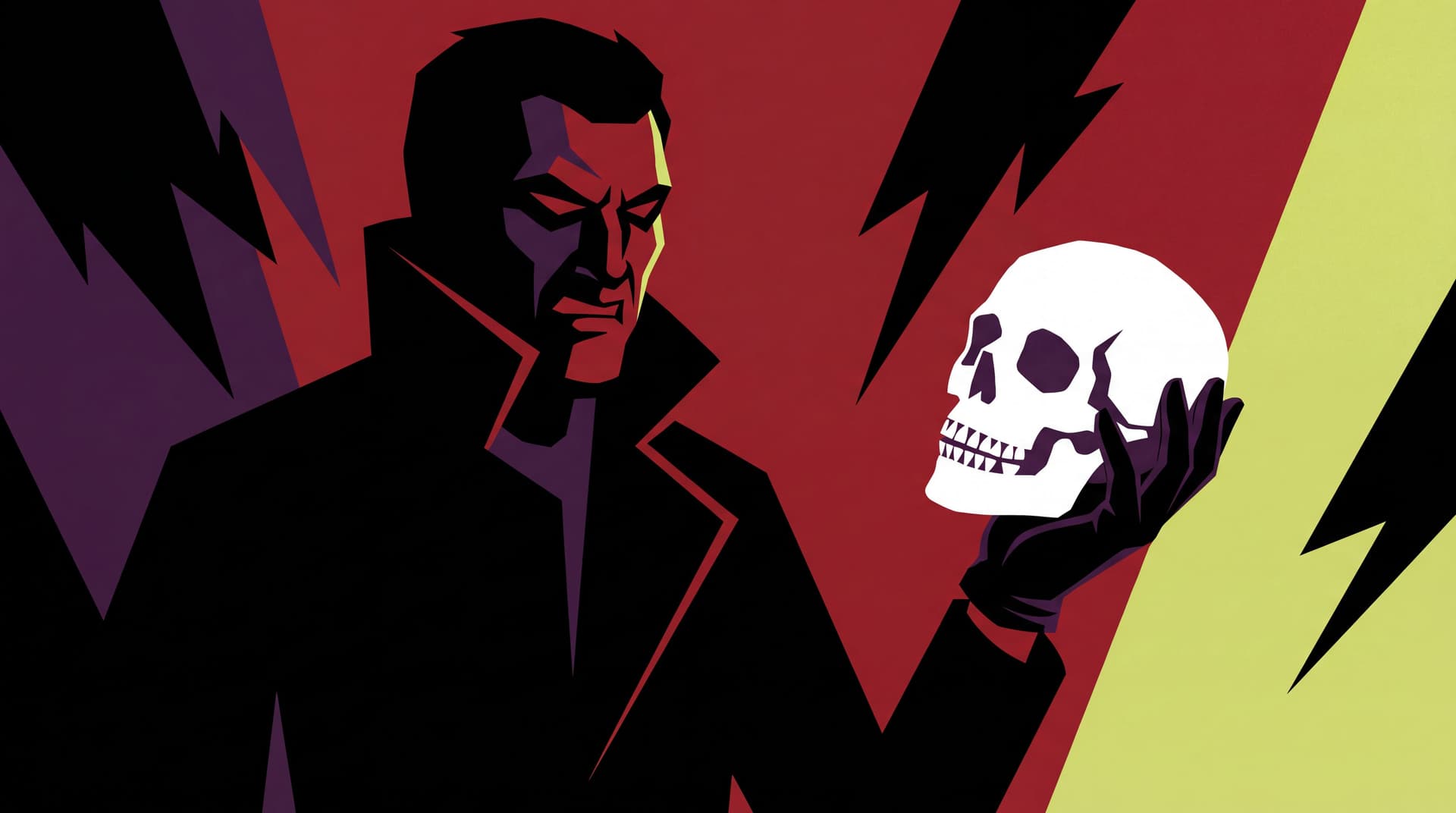 AI generated: Create in Malika Favre art style. Horror scary color theme. Him holding a human skull in his hand wi...