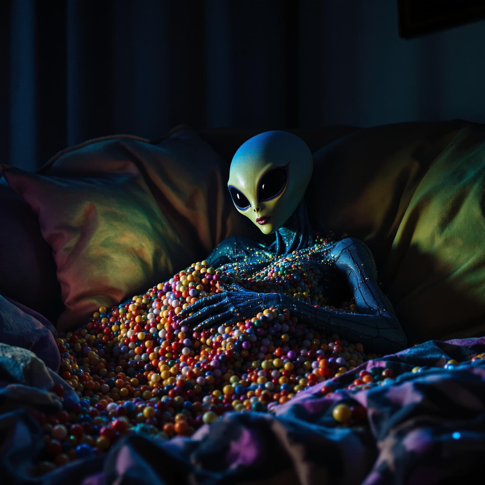 AI generated: un alienigena  con palomitas   tumbado en el sofa viendo una pelicula  de  miedo de color del arco i...