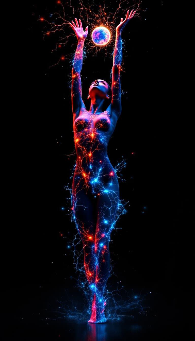 AI generated: An elegant 22 year old female, lifts herself on her toes, arms reaching up towards an unknown force,...