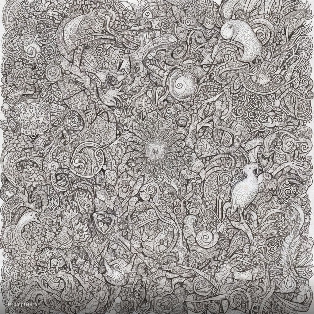 AI generated: An intricate, dense, full-page adult coloring book line art composition. The style is defined by cle...