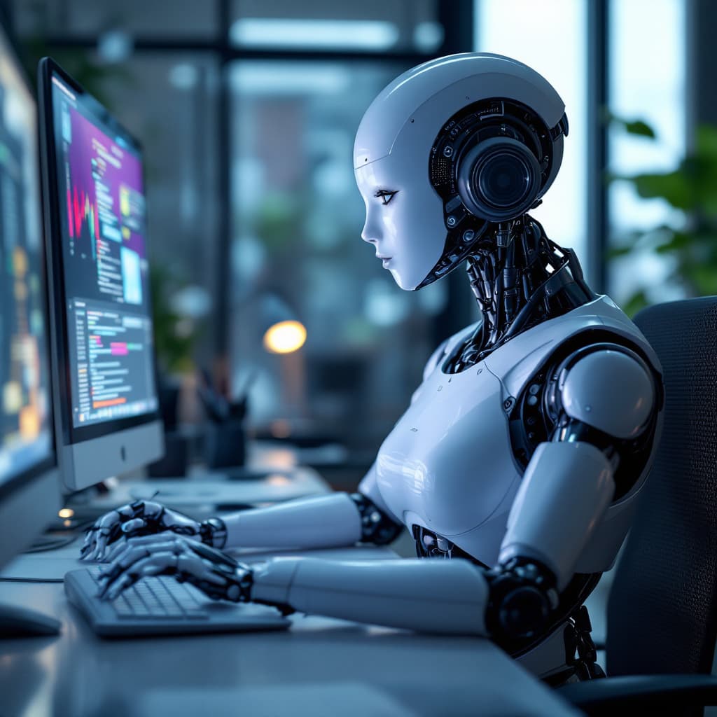 AI generated:  robot girl funny high dedalisation photorealistic 4k hyperrealistic sitting next to desk transcribi...