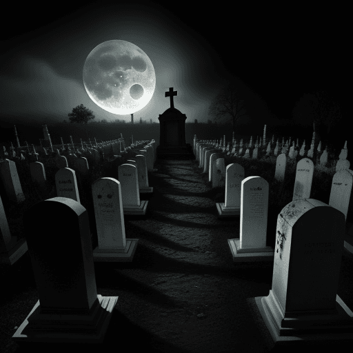 AI generated: Nigromante en cementerio en noche de luna llena, truenos y con mucha niebla. Efecto cinematico, ambi...