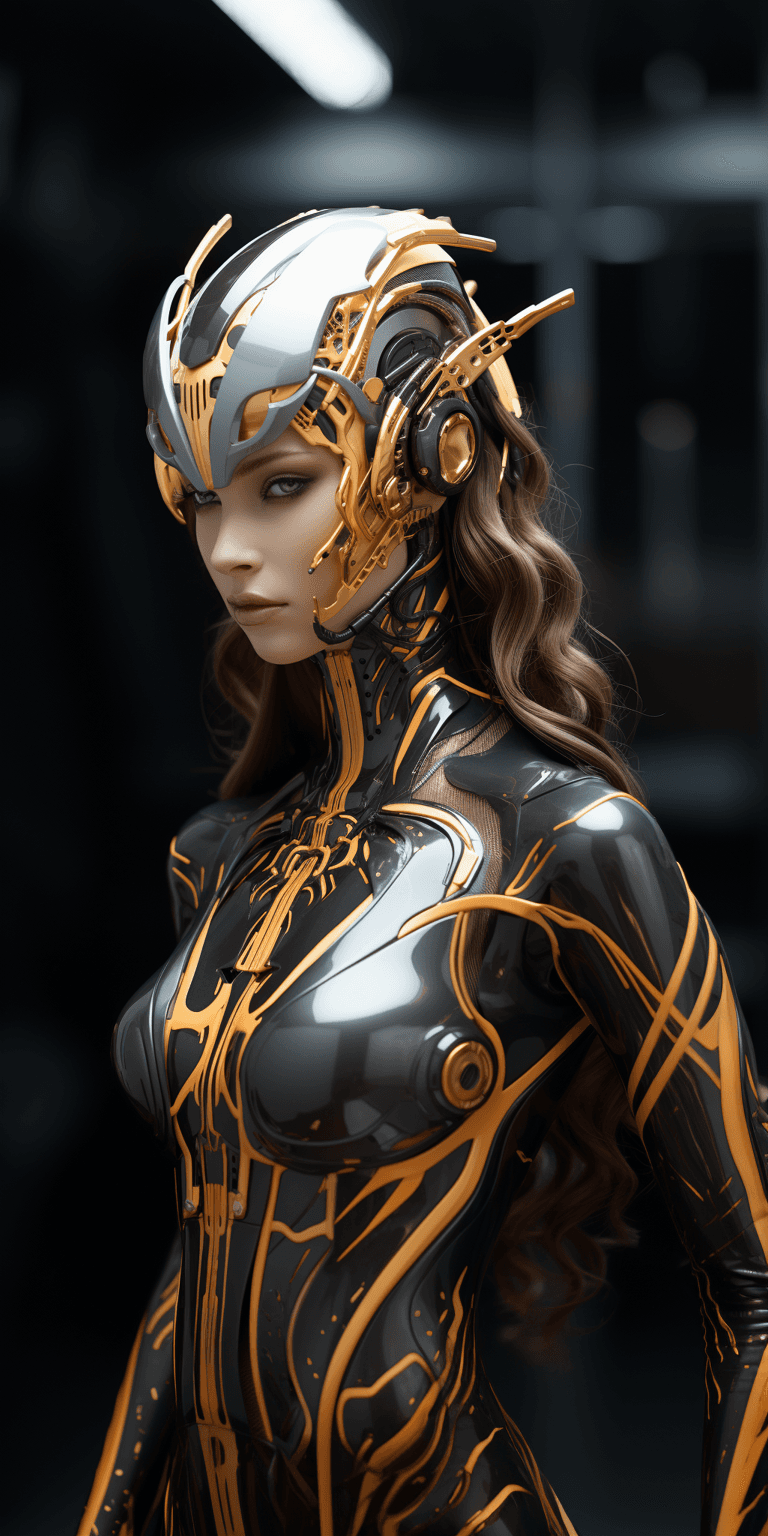 AI generated: futuristic cyber robot girl in silver body suit, in the style of dark gray and gold, 32k uhd, undefi...
