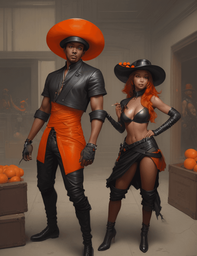 AI generated: Two playful tabaxis, one black male and one orange female, with leather hats and clothes by Greg Rut...