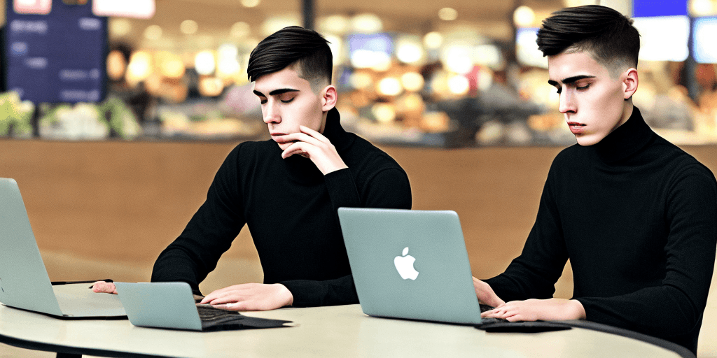 AI generated: a young man, with a short haircut, in a black turtleneck, and for hours on his hands, folded on his ...