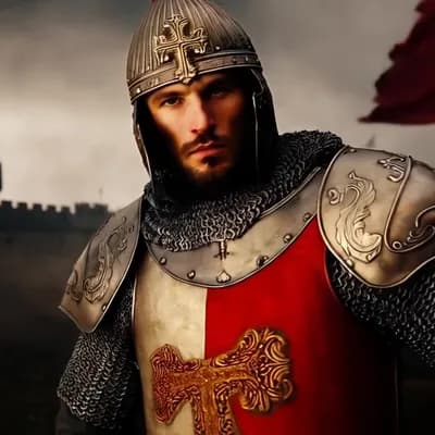 AI generated video: oil on canvas, impressionist tendencies, , A highly detailed digital illustration of a Crusader, cap...