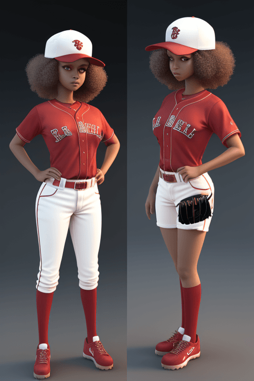 AI generated: chantel3d, baseball cap,baseball uniform,full body,red eyes, afro