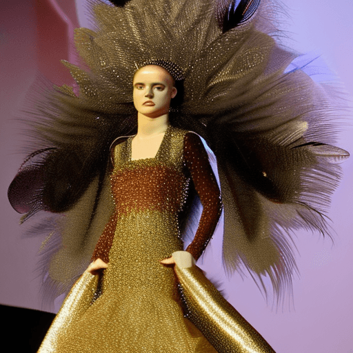 AI generated: A female blood model , walking the runway , wearing a gold long dress , fully beaded with big stones...