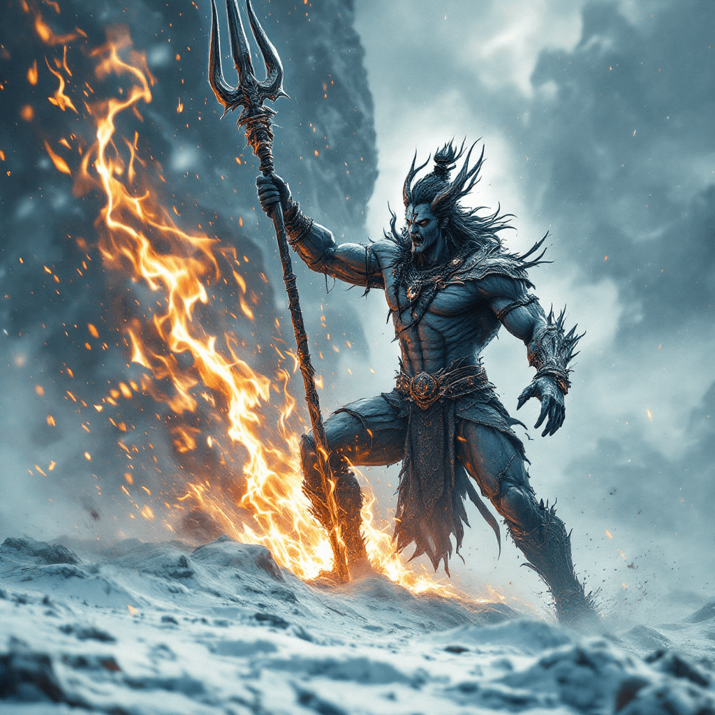 AI generated: "Create an ultra-photorealistic 4K UHD image of Lord Shiva, with his godly muscular form, impaling h...
