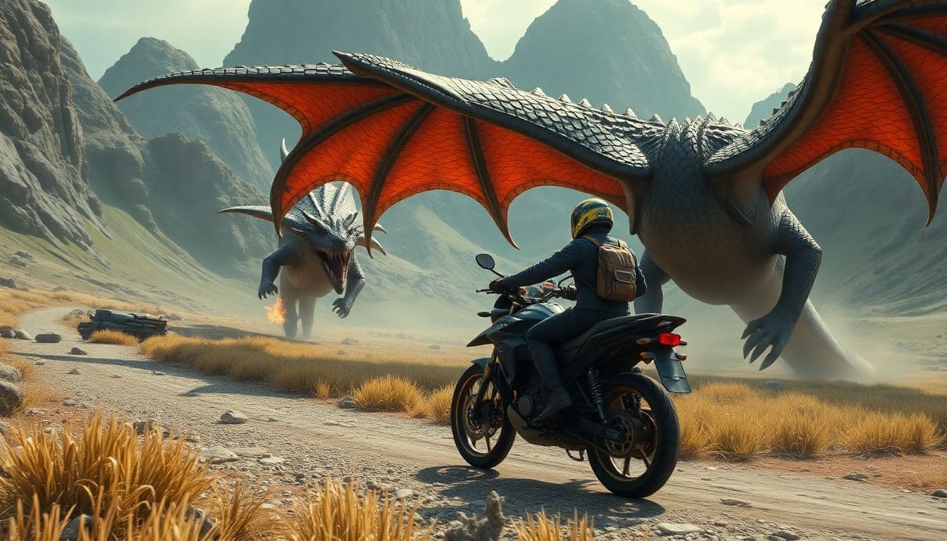 AI generated: two humans escaping on motorcycle from to Dragon attack in the fatnasy land
