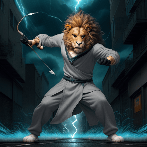 AI generated: an anthropomorphic lion wearing gray linen is depicted in an action pose, swirling thunder and light...