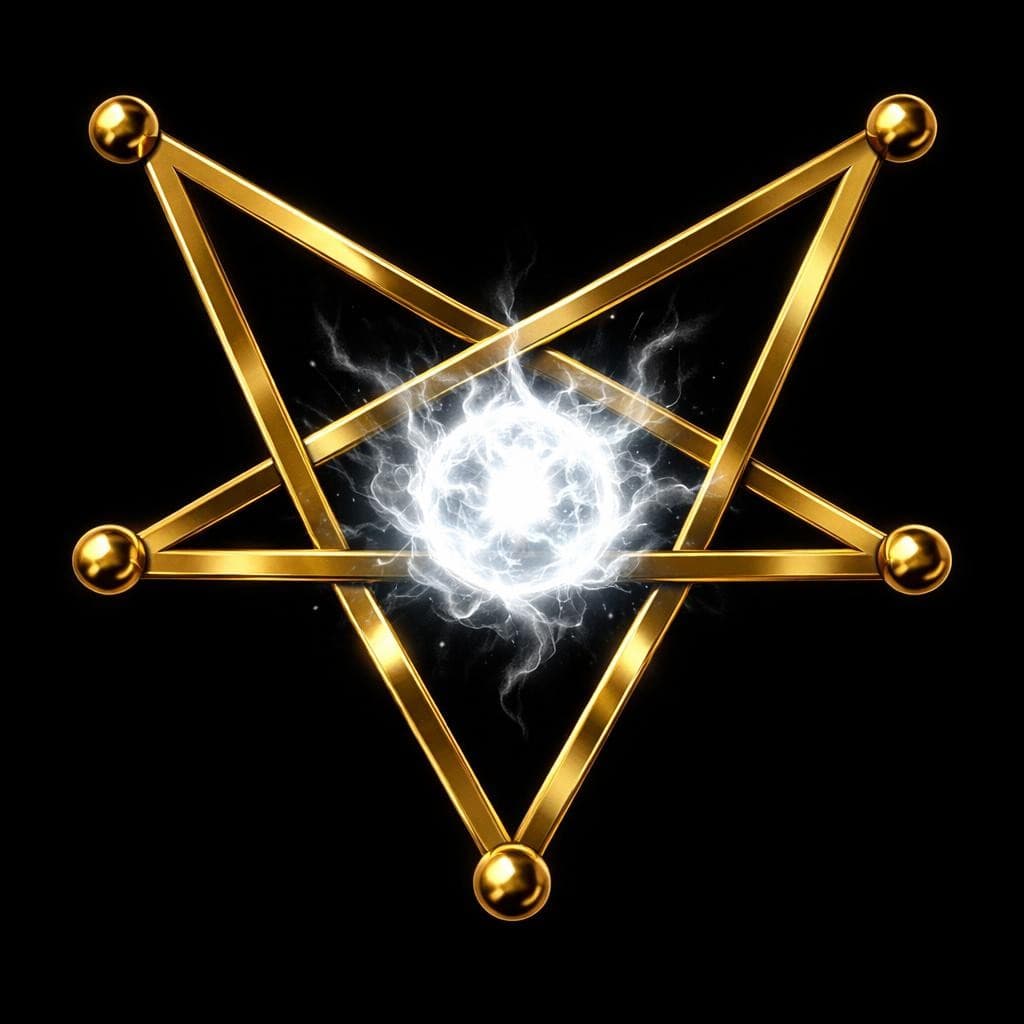 AI generated: Create a gold upside down pentagram and all points of the star are evenly spaced with a ball of whit...
