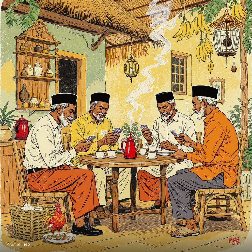 AI generated: Prompt:

A realistic, retro-comic-style illustration depicting a coffee shop in Yogyakarta, Indonesi...