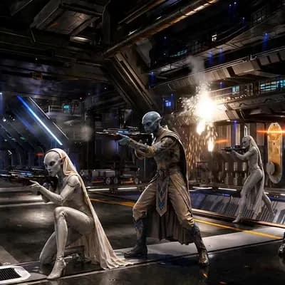 AI generated video: A wide cinematic sci-fi corridor interior, massive industrial hangar environment with blue ambient l...