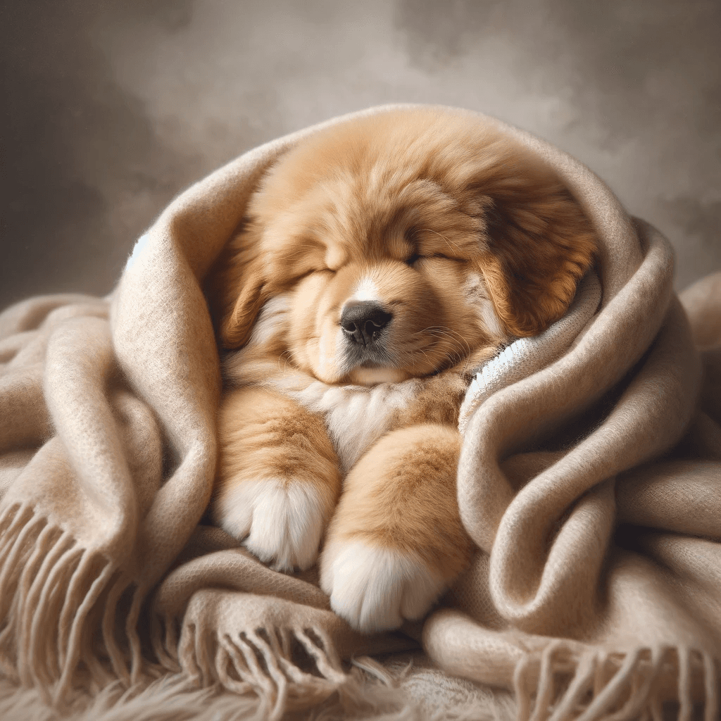 AI generated: A fluffy puppy sleeping in a soft cozy blanket