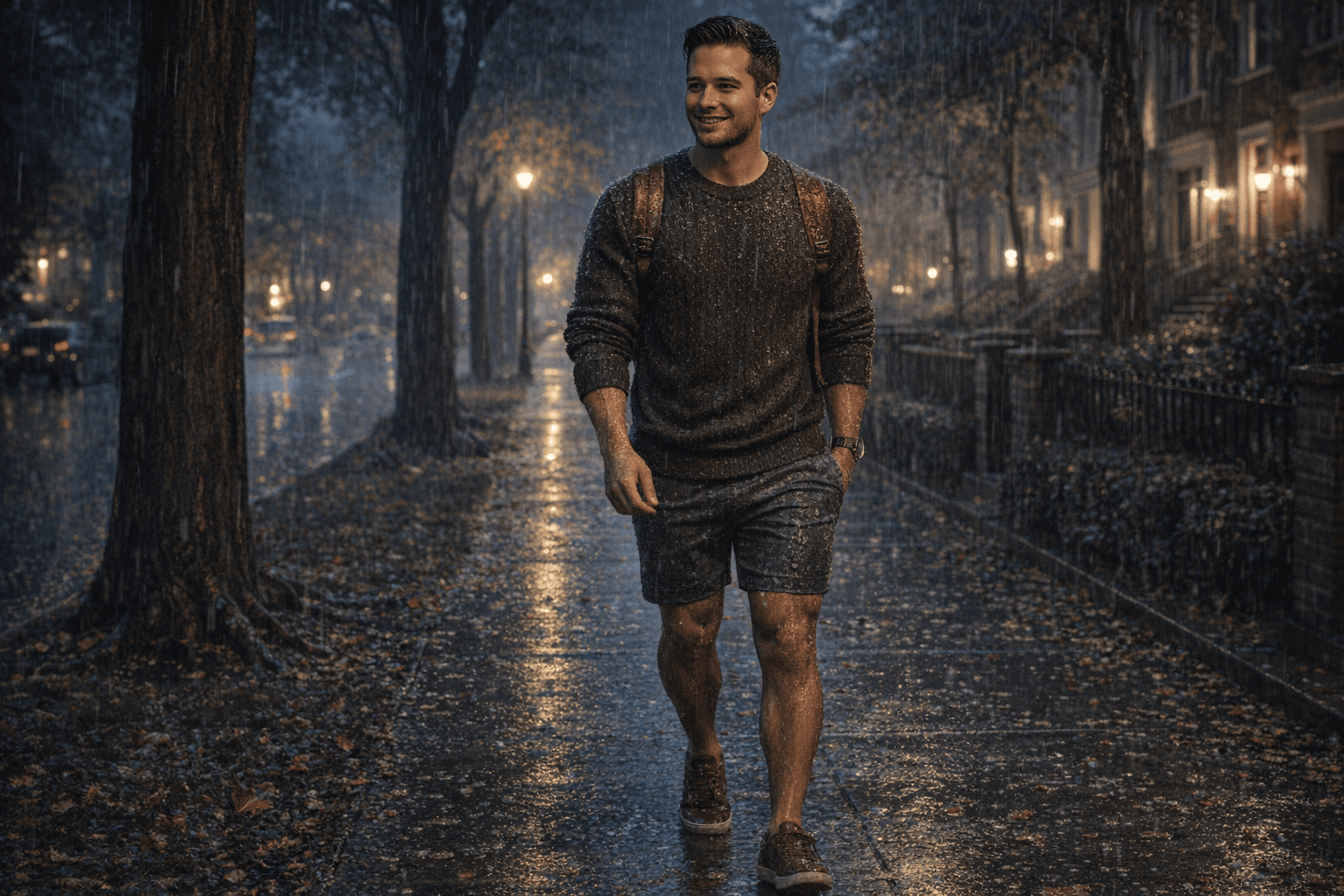 AI generated: In a cold night in the beginning of Autumn. 
The model is walking on the sidewalk in a very nice nei...