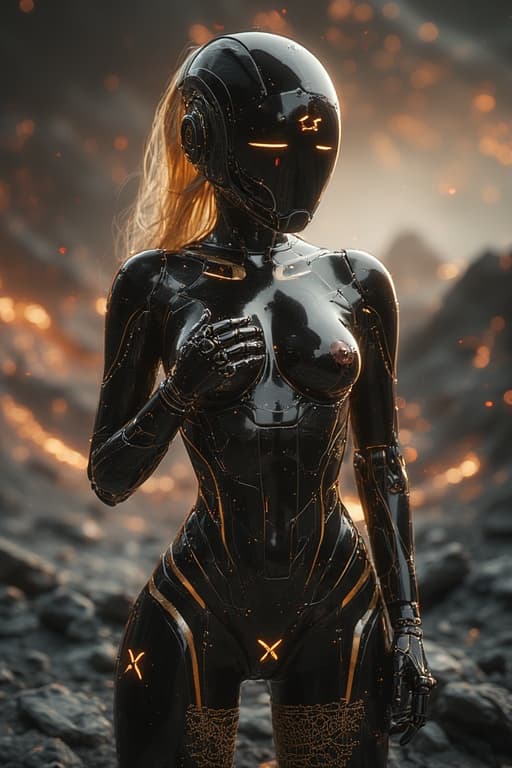 AI generated: a futuristic humanoid robot with a sleek, glossy black exterior, set against a dramatic backdrop of ...