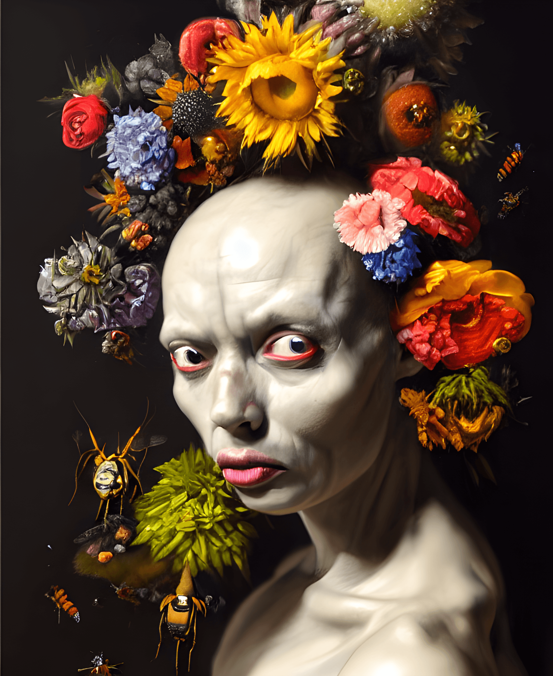 AI generated: oil painting portrait dark background of a mutant man with a strange disturbing face made of flowers...