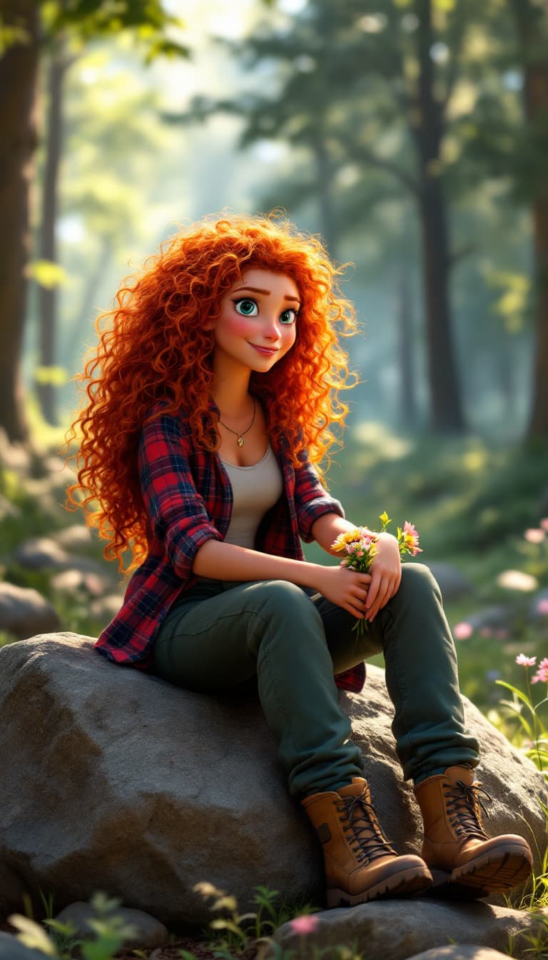 AI generated: A Disney-Pixar-style animated character of merida, casual merida, Merida is sitting on a large rock ...