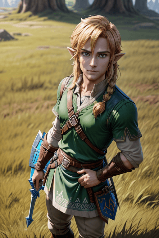 AI generated: Portrait of link from zelda standing on a grass field inspire from breath of the wild,4k,high detail...