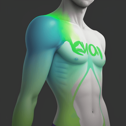 AI generated: character with green colors gradient to blue with “EVOFLUX” writing on the torso 
