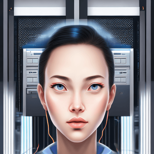 AI generated: (portrait:1. 2) of an IT Technician, data center background, computer server in hand , symmetrical f...