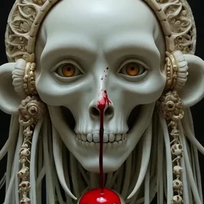 AI generated video: blood starts to run out of the nose and black charcoal drips from the mouth.