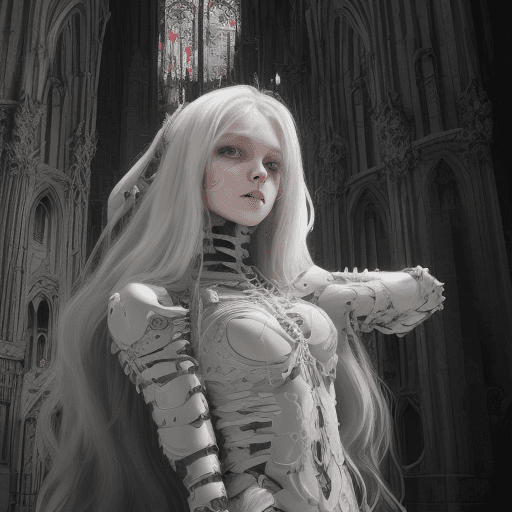 AI generated: robot girl-on face, white long hair against the background of a wide-angle interior of the salon of ...