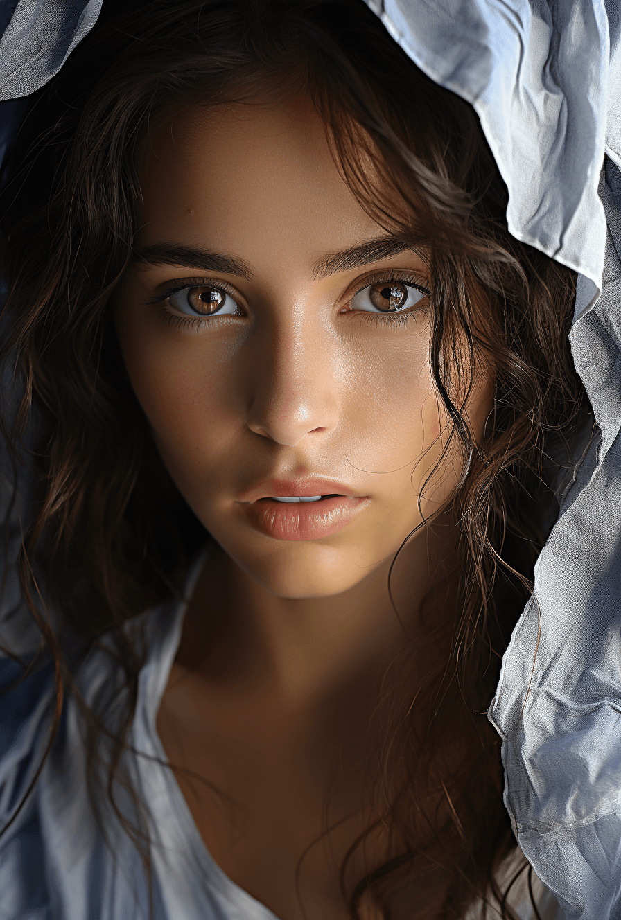 AI generated: the face of a woman with brown eyes the face of a person, in the style of yigal ozeri, light navy an...