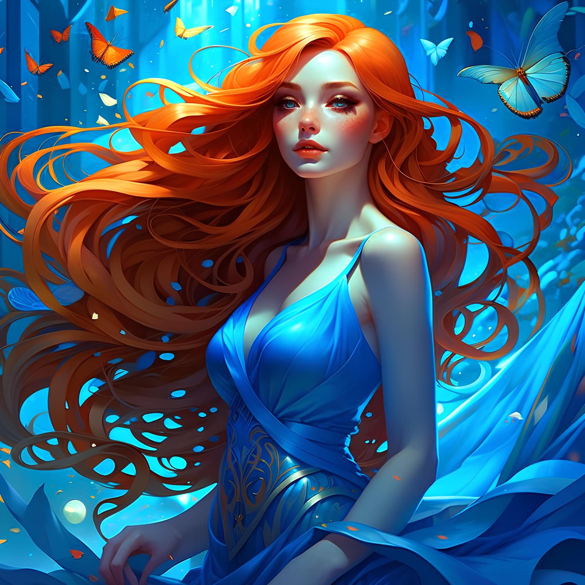AI generated: a woman with long red hair wearing a blue dress, inspired by Lois van Baarle, pixiv contest winner, ...