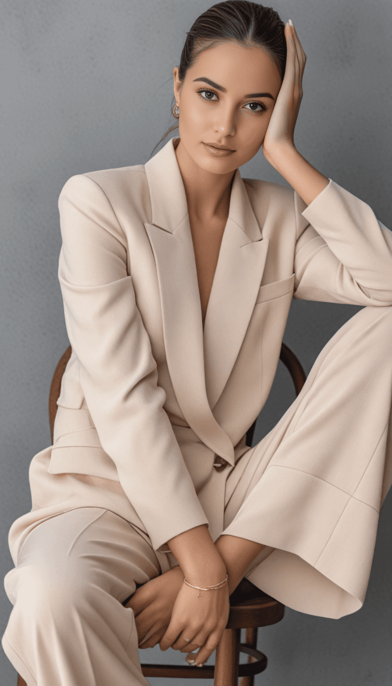 AI generated: A woman with sleek back hair, wearing a light beige suit, is seated on a wooden chair. Her left leg ...