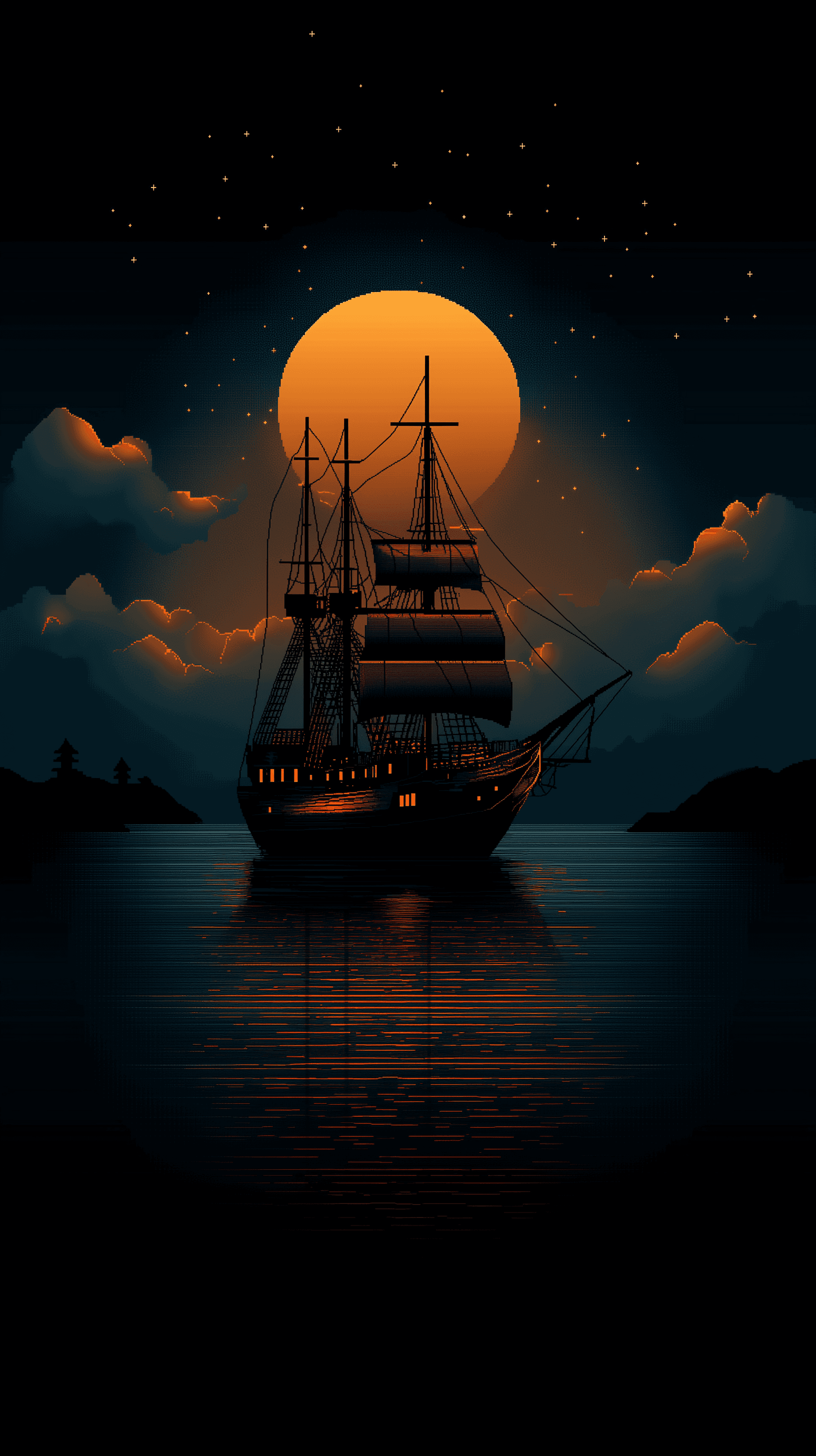 AI generated: Masterpiece, Retro gaming 2D pixel art of a ghost ship sailing the ocean at night, high quality pixe...