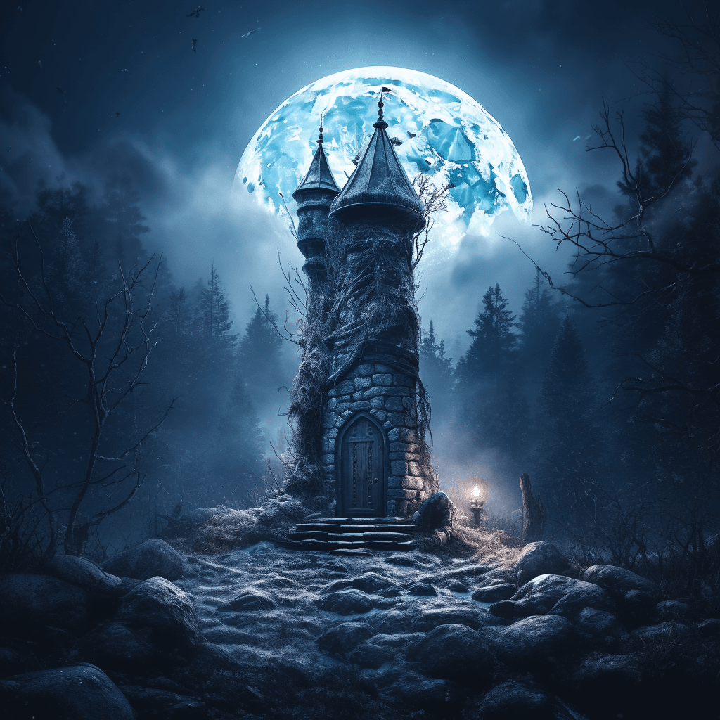 AI generated: haunting stone tower surrounded by a dense taiga forest, dark door, blue moon in the sky, night shot...