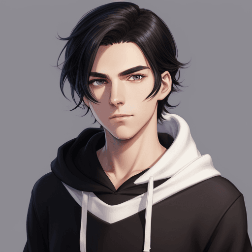 AI generated: Sebastian from Stardew Valley, Portrait, jet black hair, deep purple eyes, white, slender, cute, pla...