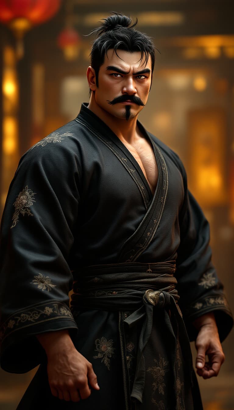 AI generated: create a hyper realistic image; muscular Chinese warrior with a round face, thick black mustache, sh...