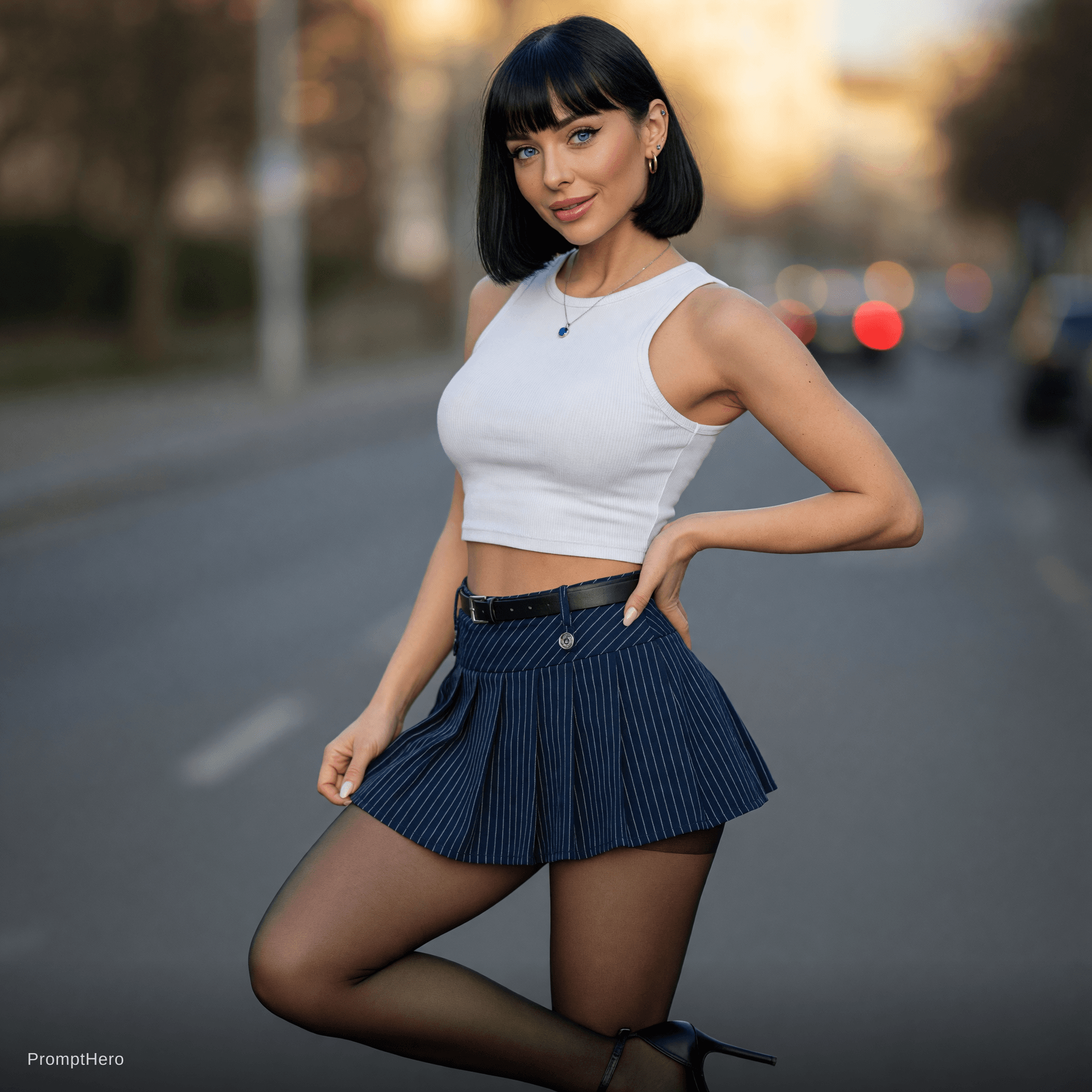 AI generated: A very hot Girl with blue eyes, short skirt 