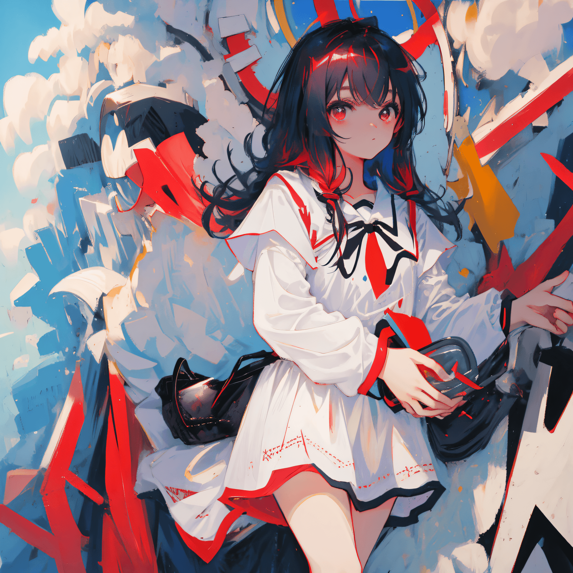 AI generated: ((masterpiece)),(best quality), absurdres,sadako_yamamura,red eyes, white dress,