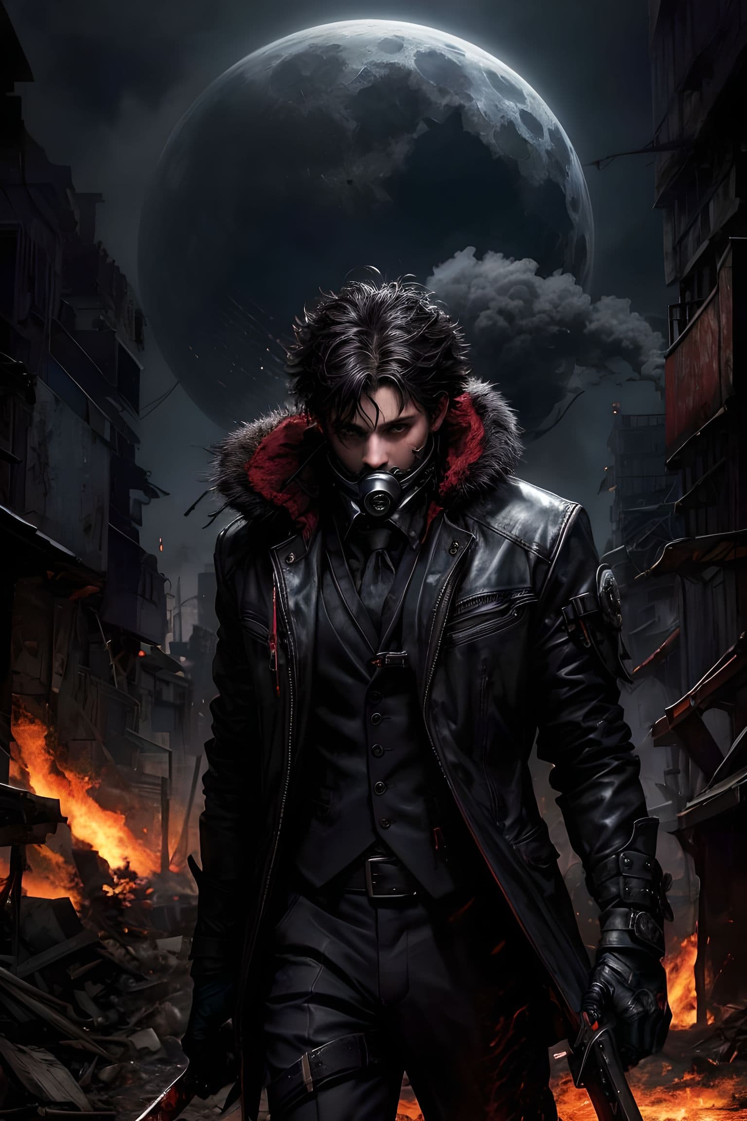 AI generated: (adult male:1),Ravenous wolf, Dark fantasy atmosphere,Burning City,Blood,(Bloodshot eyes:0.7),messy ...
