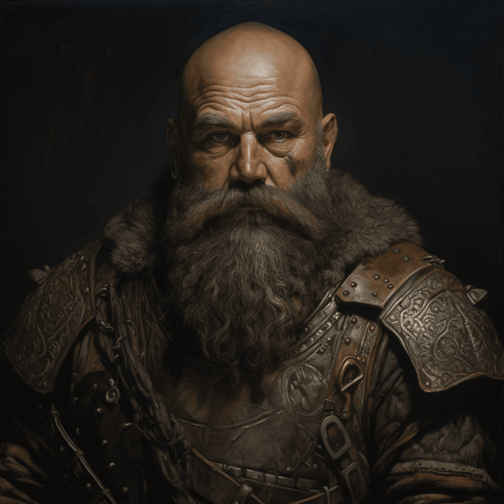AI generated: a portrait of a dwarf, with beautiful eyes, bald, dirty brown beard, determined, musical, inspiring,...