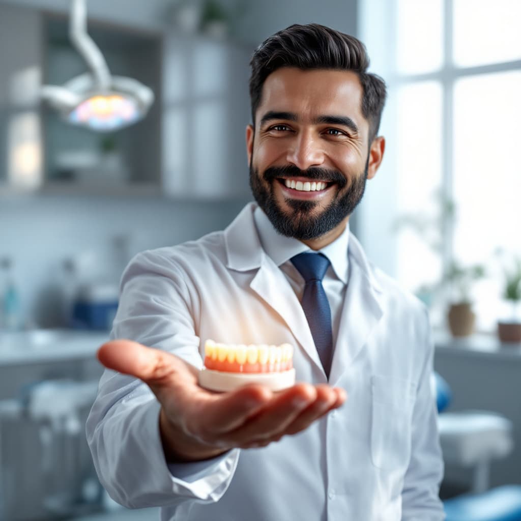 AI generated: A 35-year-old dentist with a short, well-groomed black beard and dark hair, wearing a white coat ove...