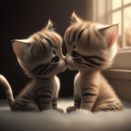 AI generated: photorealistic, cinematic lighting, two baby cats kissing, one is light brown, the other one is whit...