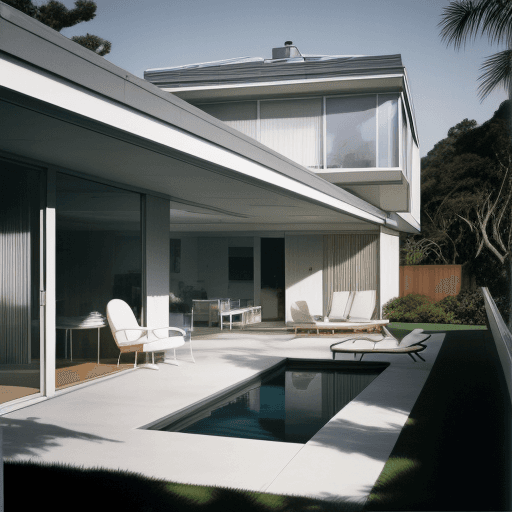 AI generated: Hyper realistic eye level exterior photo of a mid century modern style house overlooking the ocean, ...