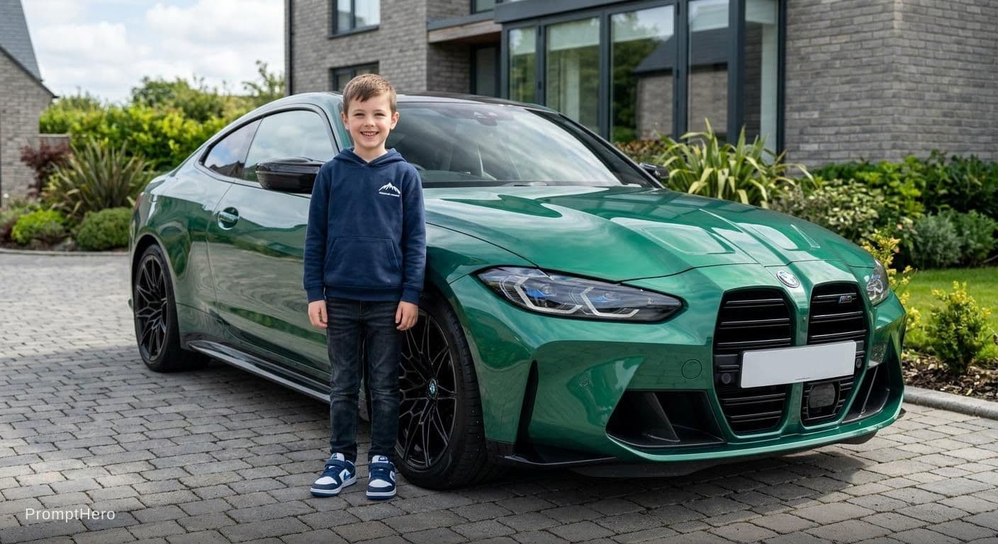 AI generated: A boy standing beside the bmw m4
