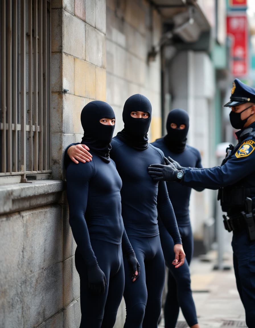 AI generated: Police arrest three male Asian Chinese athletes wearing navy racing compression jammers on a street ...