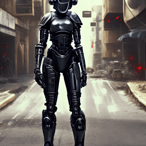 AI generated: black armed female figure in sci-fi battle armor with cybernetic helmet, aiming on one knee, mask, s...