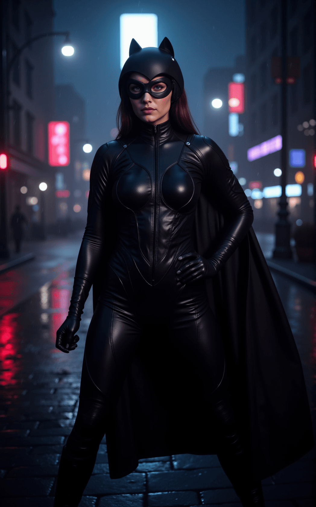 AI generated: a high-quality, realistic photograph of Miss Fury, the classic comic book character. She should be d...