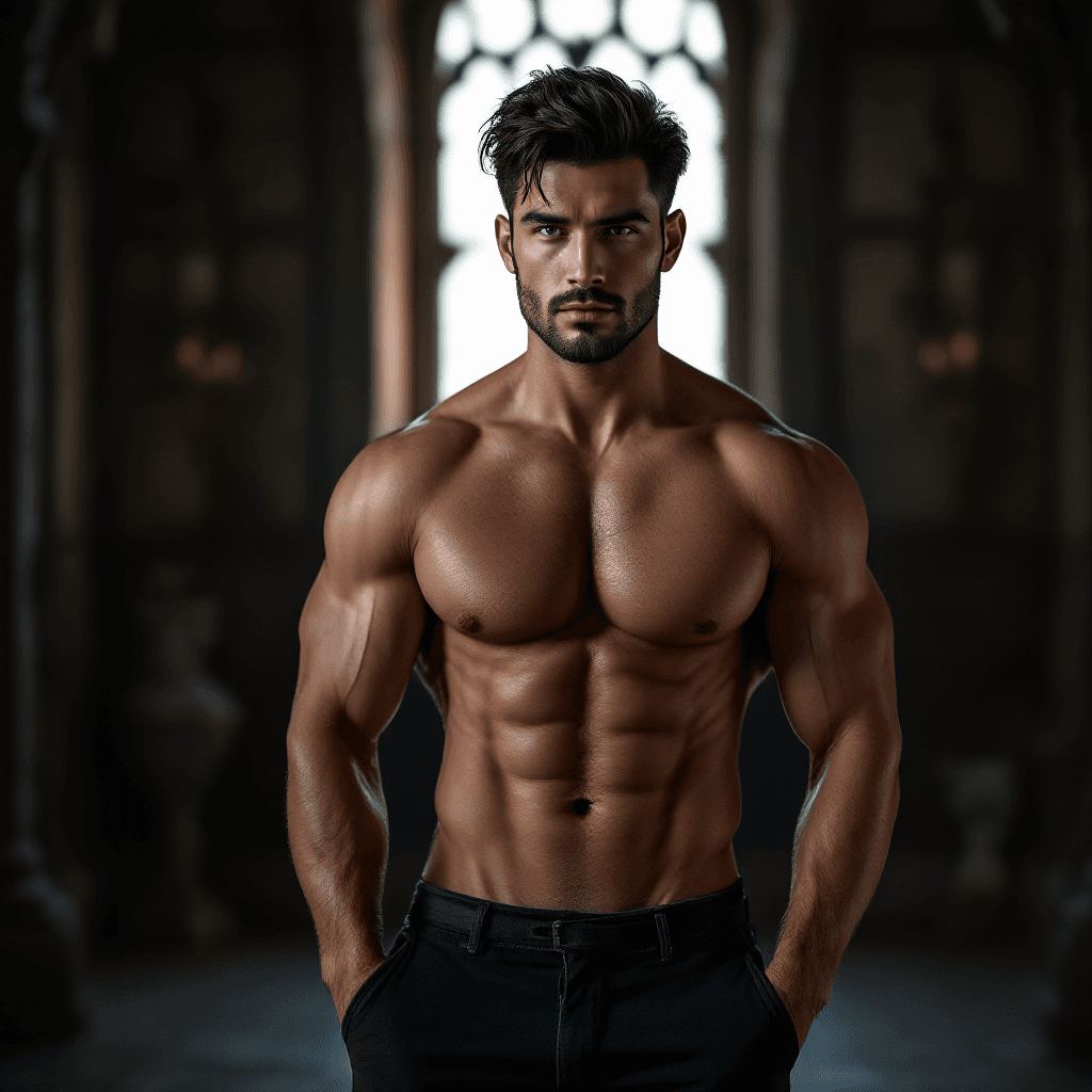 AI generated: High resolution photography portrait clean shaven muscular man, dark hair handsome boyfriend, wears ...