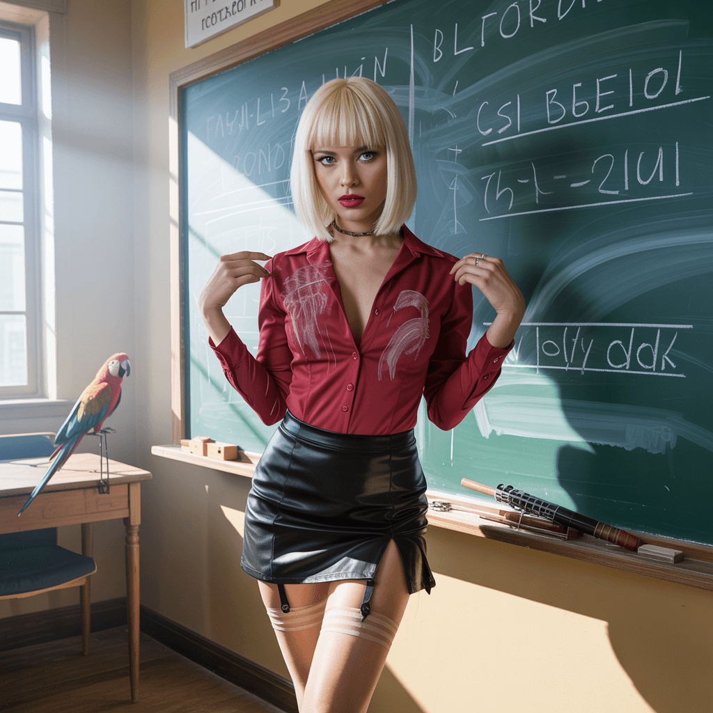 AI generated: Alluring math teacher by the blackboard", "appearance": "Straight white - blonde hair with bangs, po...